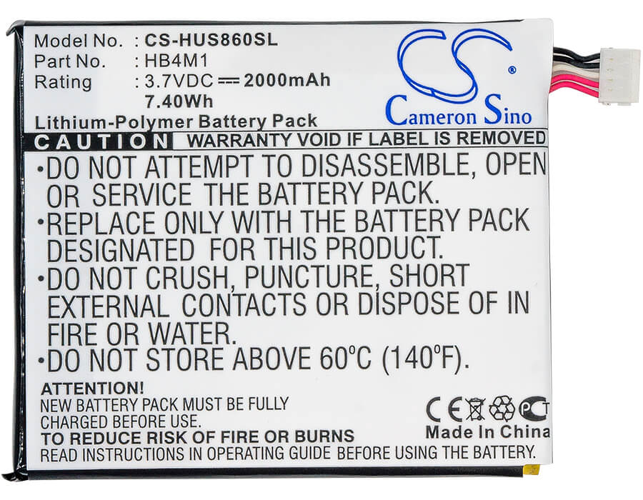 3.7V, 2000mAh, Li-Polymer Battery fits Huawei, S8600, 7.4Wh