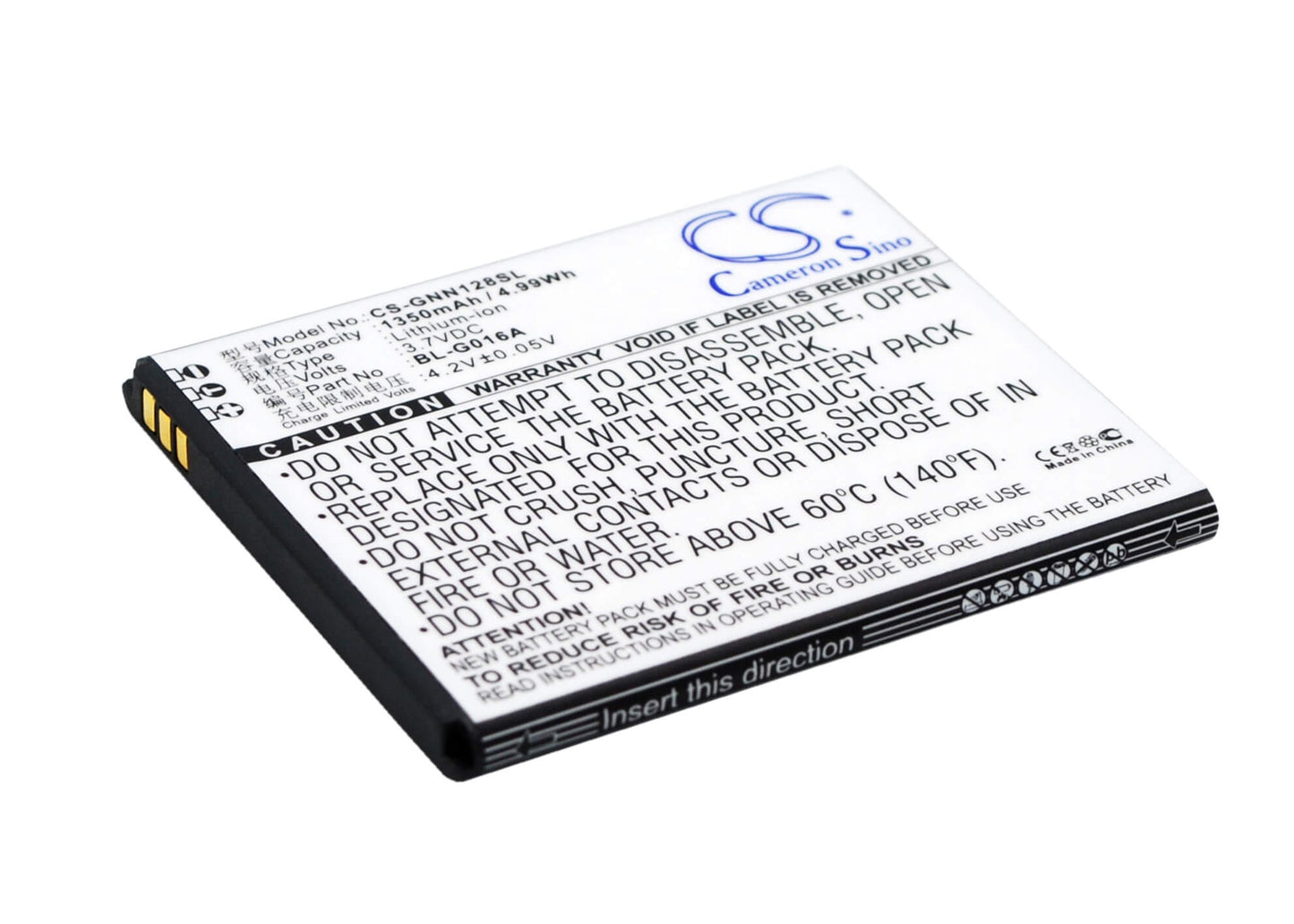 3.7V, 1350mAh, Li-ion Battery fits Gionee, Gn128, 4.995Wh