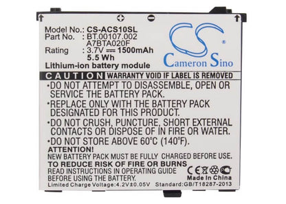 3.7V, 1500mAh, Li-ion Battery fits Acer, Liquid, Liquid A1, 5.55Wh