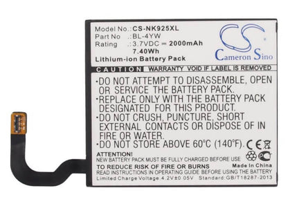 3.7V, 2000mAh, Li-ion Battery fits Microsoft, Lumia 925, Lumia 925.2, 7.4Wh