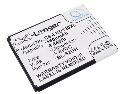 3.8V, 1800mAh, Li-ion Battery fits Lg, D280, D280n, 6.84Wh