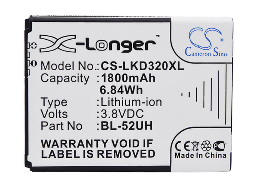 3.8V, 1800mAh, Li-ion Battery fits Lg, D280, D280n, 6.84Wh
