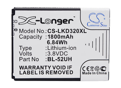 3.8V, 1800mAh, Li-ion Battery fits Lg, D280, D280n, 6.84Wh
