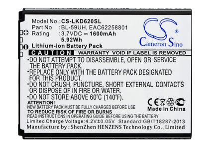 3.7V, 1600mAh, Li-ion Battery fits Lg, D315, D320, 5.92Wh