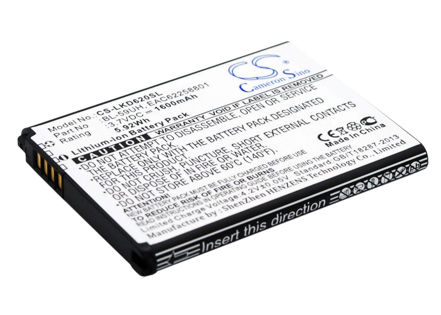 3.7V, 1600mAh, Li-ion Battery fits Lg, D315, D320, 5.92Wh