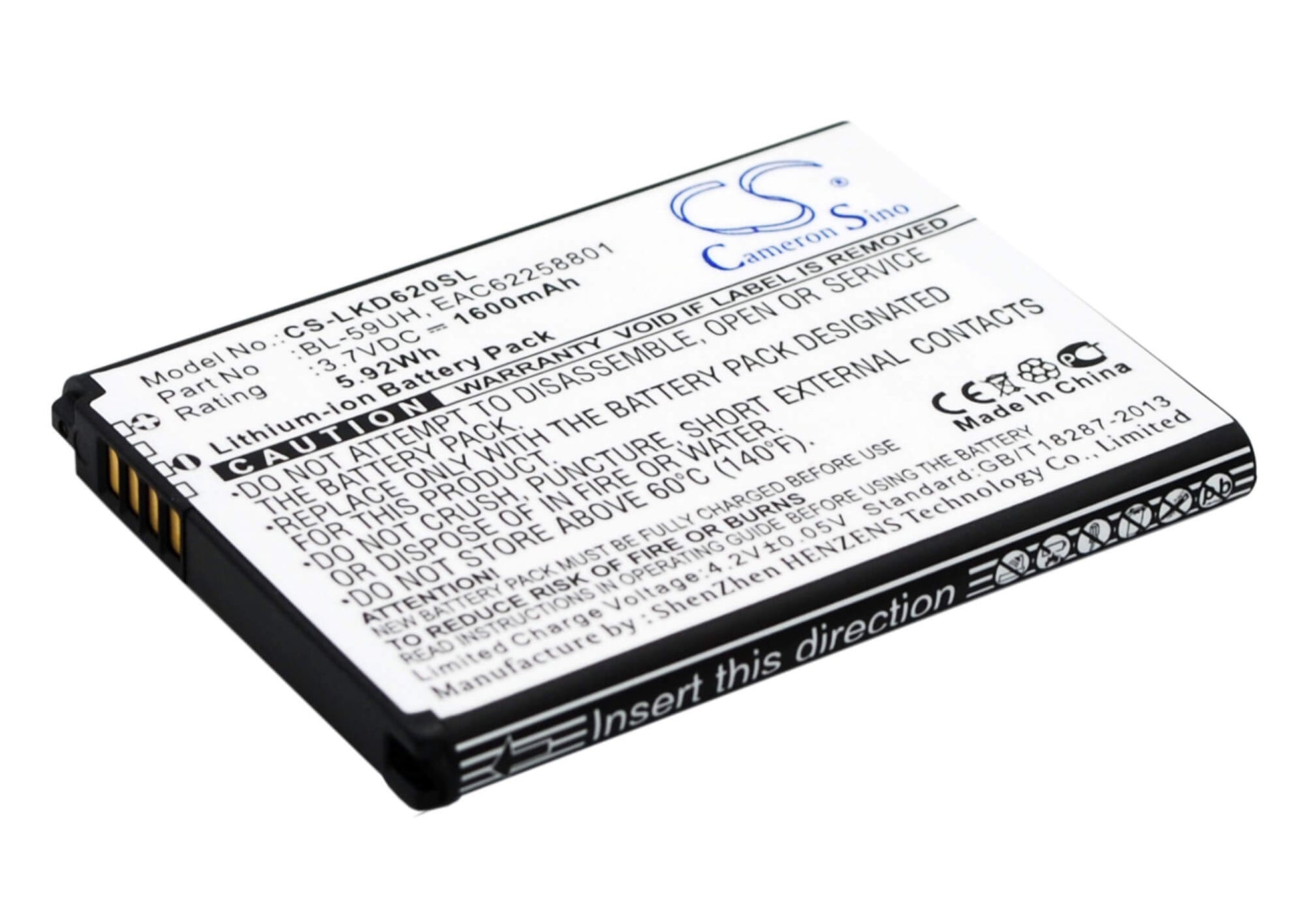 3.7V, 1600mAh, Li-ion Battery fits Lg, D315, D320, 5.92Wh