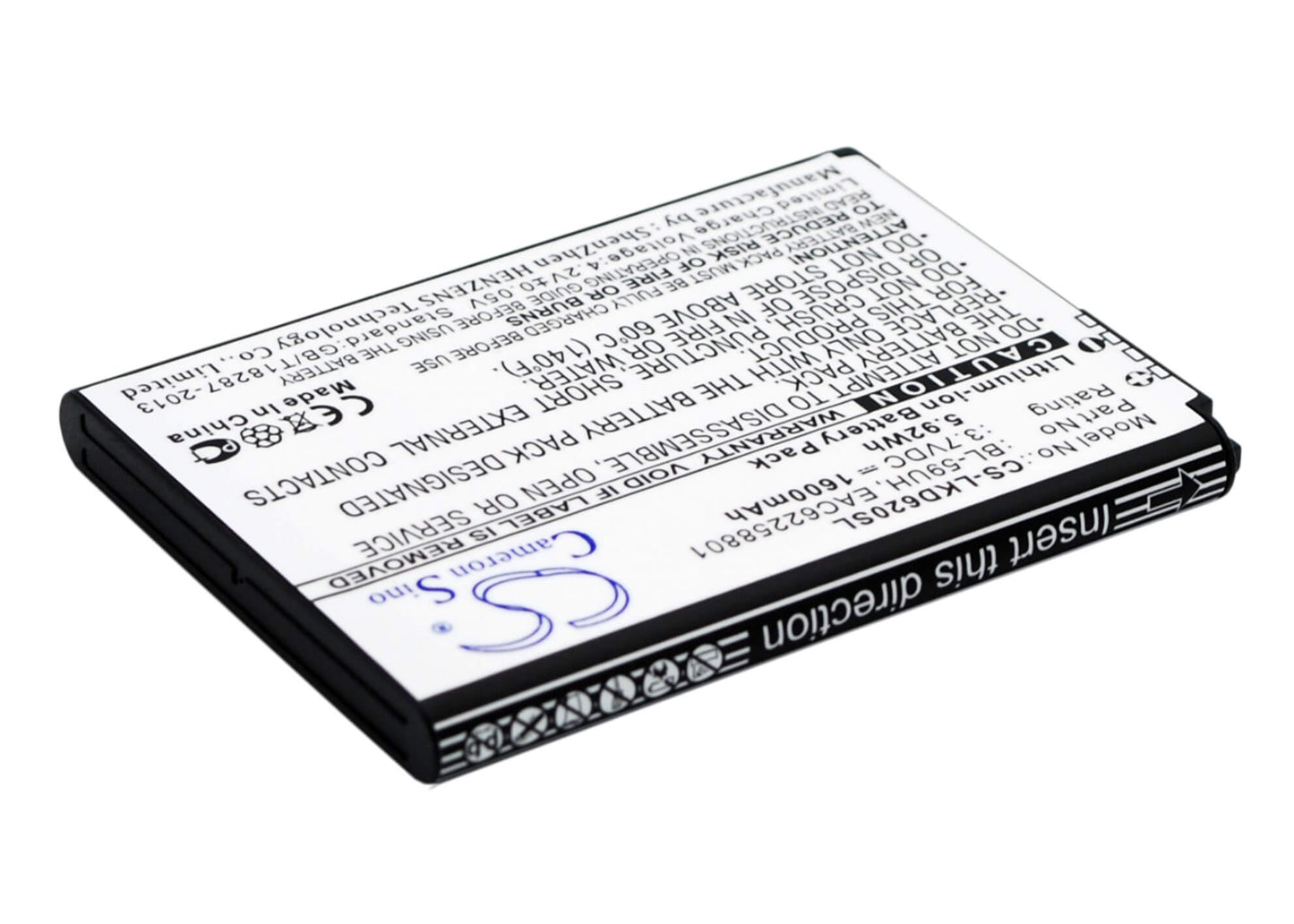 3.7V, 1600mAh, Li-ion Battery fits Lg, D315, D320, 5.92Wh
