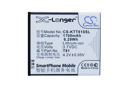 3.7V, 1700mAh, Li-ion Battery fits K-touch, T81, 6.29Wh