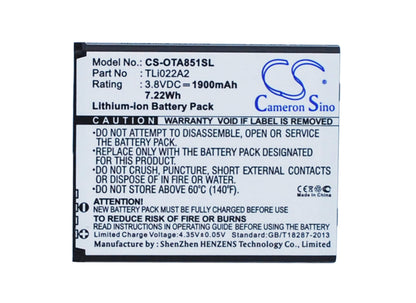 3.8V, 1900mAh, Li-ion Battery fits Alcatel, One Touch Sonic, Ot-a851l, 7.22Wh