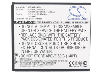3.7V, 1500mAh, Li-ion Battery fits Alcatel, Ak47, One Touch 986, 5.55Wh