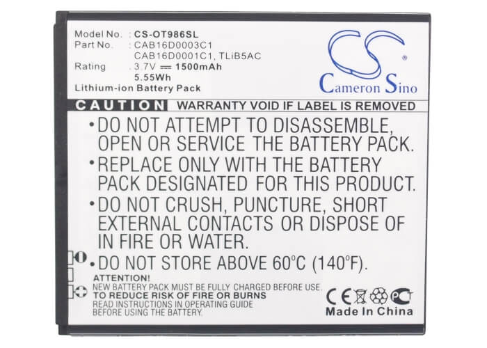 3.7V, 1500mAh, Li-ion Battery fits Tcl, D706, D768, 5.55Wh