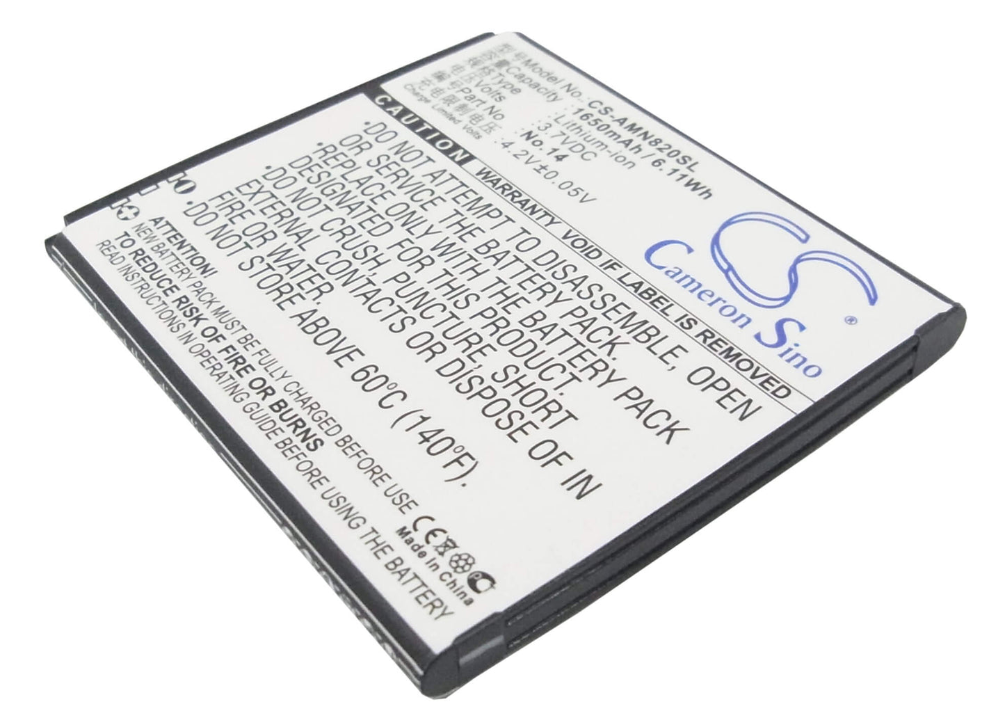 3.7V, 1650mAh, Li-ion Battery fits Amoi, N818, N820, 6.105Wh