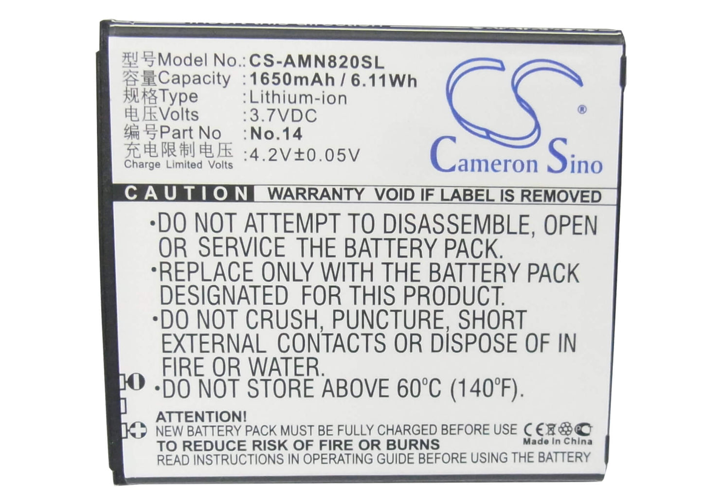 3.7V, 1650mAh, Li-ion Battery fits Amoi, N818, N820, 6.105Wh