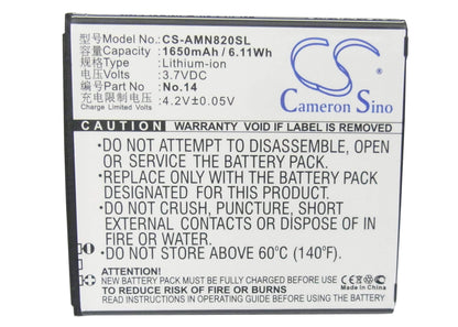 3.7V, 1650mAh, Li-ion Battery fits Amoi, N818, N820, 6.105Wh