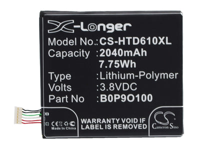 3.8V, 2040mAh, Li-Polymer Battery fits Htc, A3qhd, D610, 7.752Wh