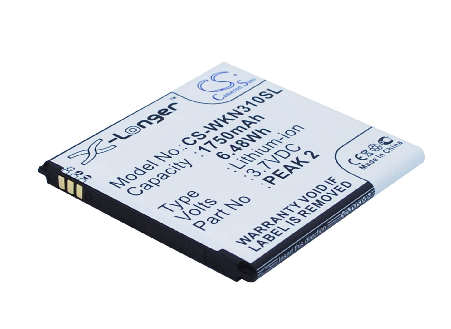 3.7V, 1750mAh, Li-ion Battery fits Wiko, Cink Peax, Cink Peax 2, 6.475Wh