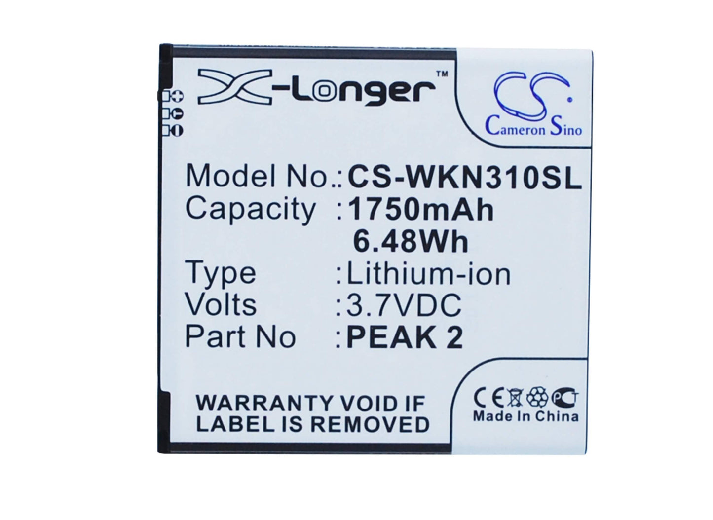 3.7V, 1750mAh, Li-ion Battery fits Wiko, Cink Peax, Cink Peax 2, 6.475Wh