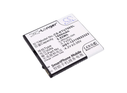 3.7V, 1600mAh, Li-ion Battery fits K-touch, U7, 5.92Wh