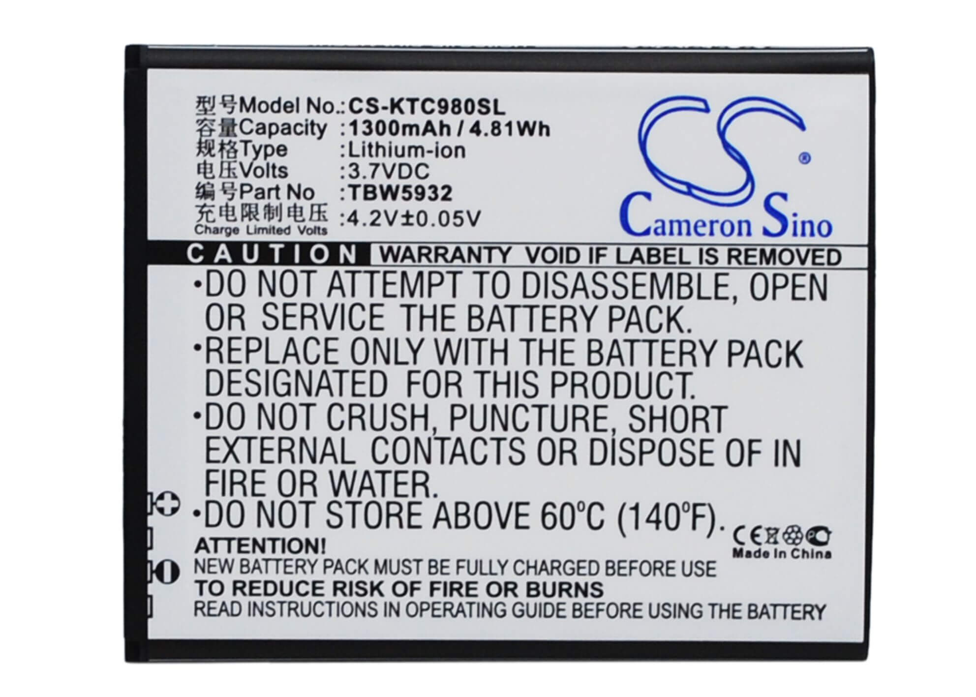3.7V, 1300mAh, Li-ion Battery fits Fly, Iq442, Quad Miracle 2, 4.81Wh