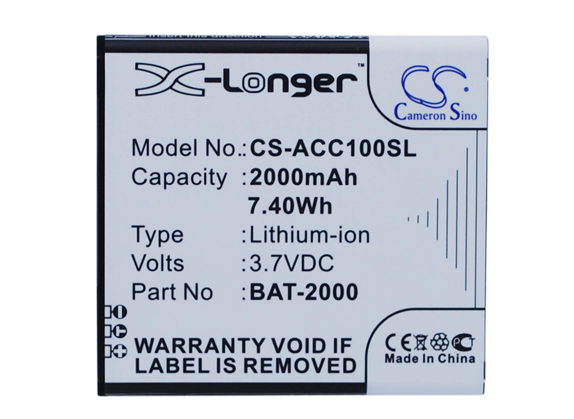 3.7V, 2000mAh, Li-ion Battery fits Acer, Liquid C1, 7.4Wh