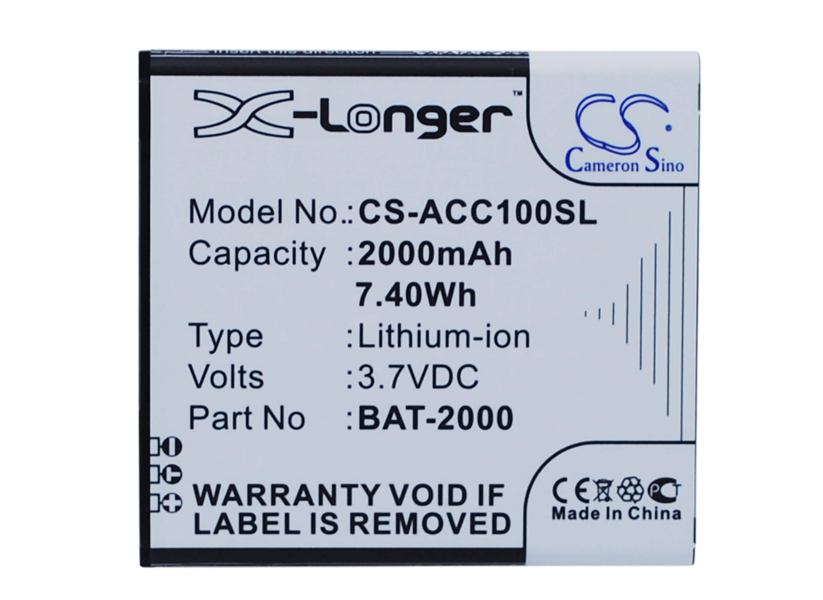 3.7V, 2000mAh, Li-ion Battery fits Acer, Liquid C1, 7.4Wh