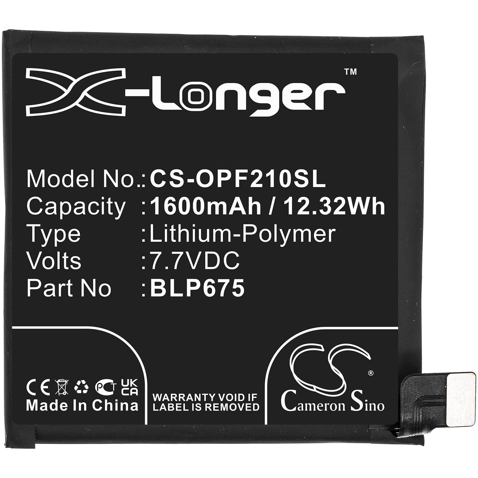 7.7V, 1600mAh, Li-Polymer Battery fits Oppo, Cph1871, Cph1875, 12.32Wh