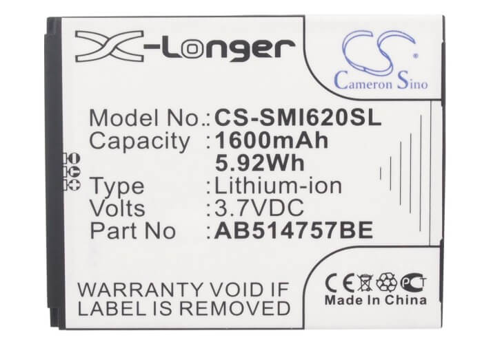 3.7V, 1600mAh, Li-ion Battery fits Samsung, Sgh-i620, Sgh-i640, 5.92Wh