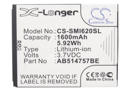 3.7V, 1600mAh, Li-ion Battery fits Samsung, Sgh-i620, Sgh-i640, 5.92Wh