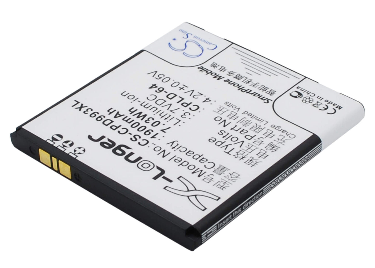 3.7V, 1900mAh, Li-ion Battery fits Coolpad, 9930, W702, 7.03Wh