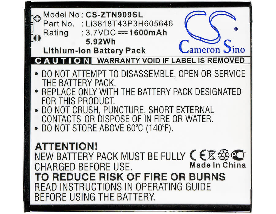 3.7V, 1600mAh, Li-ion Battery fits Zte, N909, U818, 5.92Wh