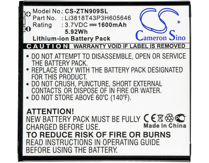 3.7V, 1600mAh, Li-ion Battery fits Zte, N909, U818, 5.92Wh