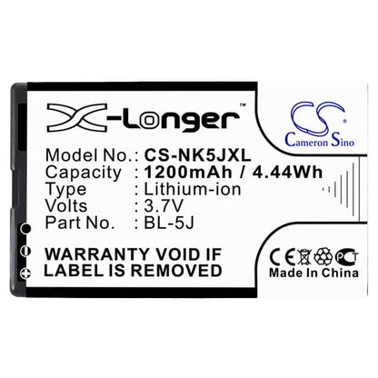 3.7V, 1200mAh, Li-ion Battery fits Nokia, 5230, 5800, 4.44Wh