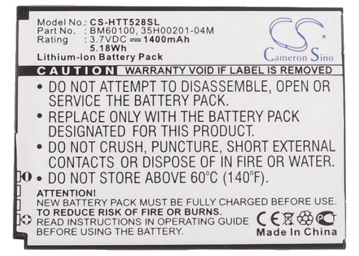 3.7V, 1400mAh, Li-ion Battery fits Htc, C520e, C525c, 5.18Wh