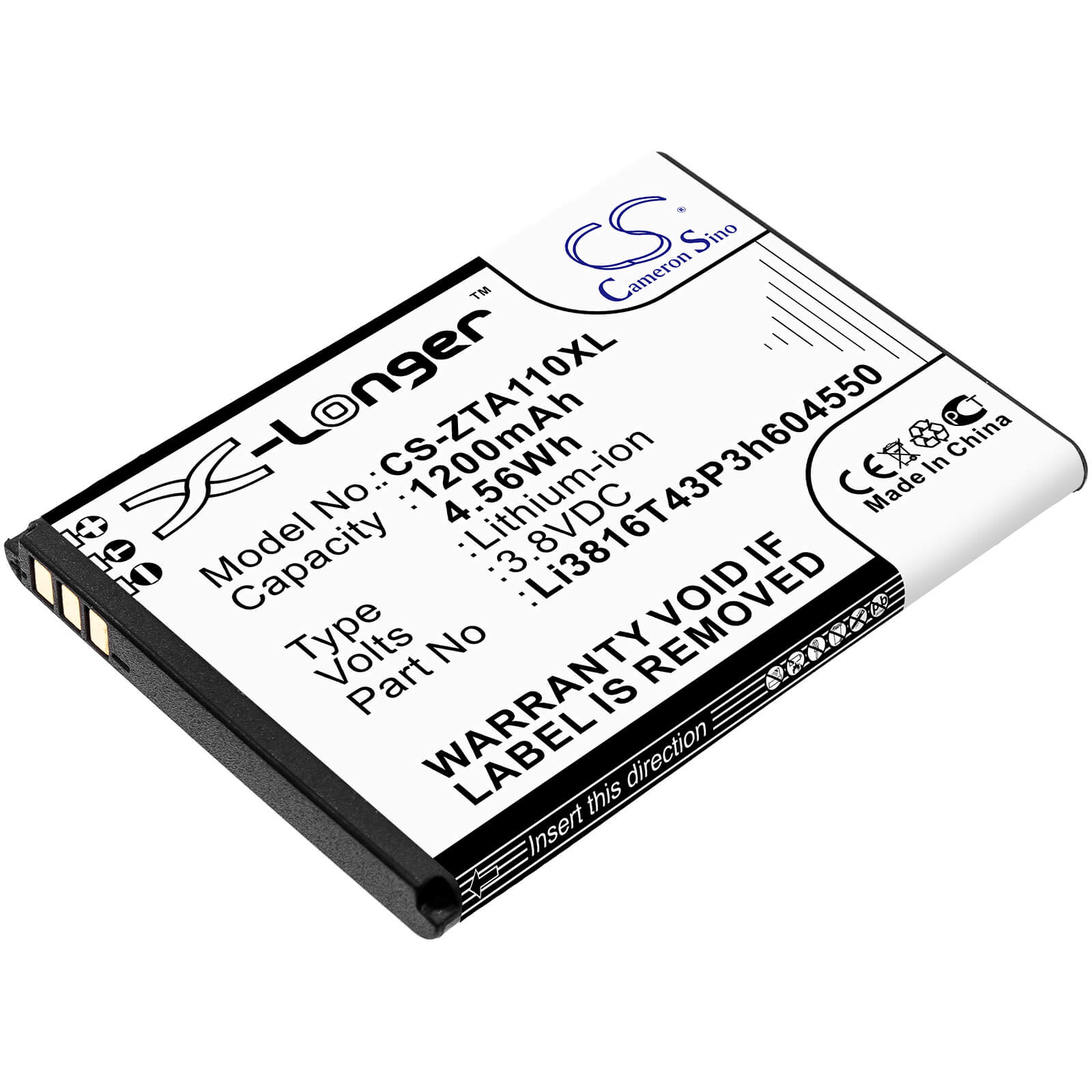 3.8V, 1200mAh, Li-ion Battery fits Zte, Blade A110, Blade A112, 4.56Wh