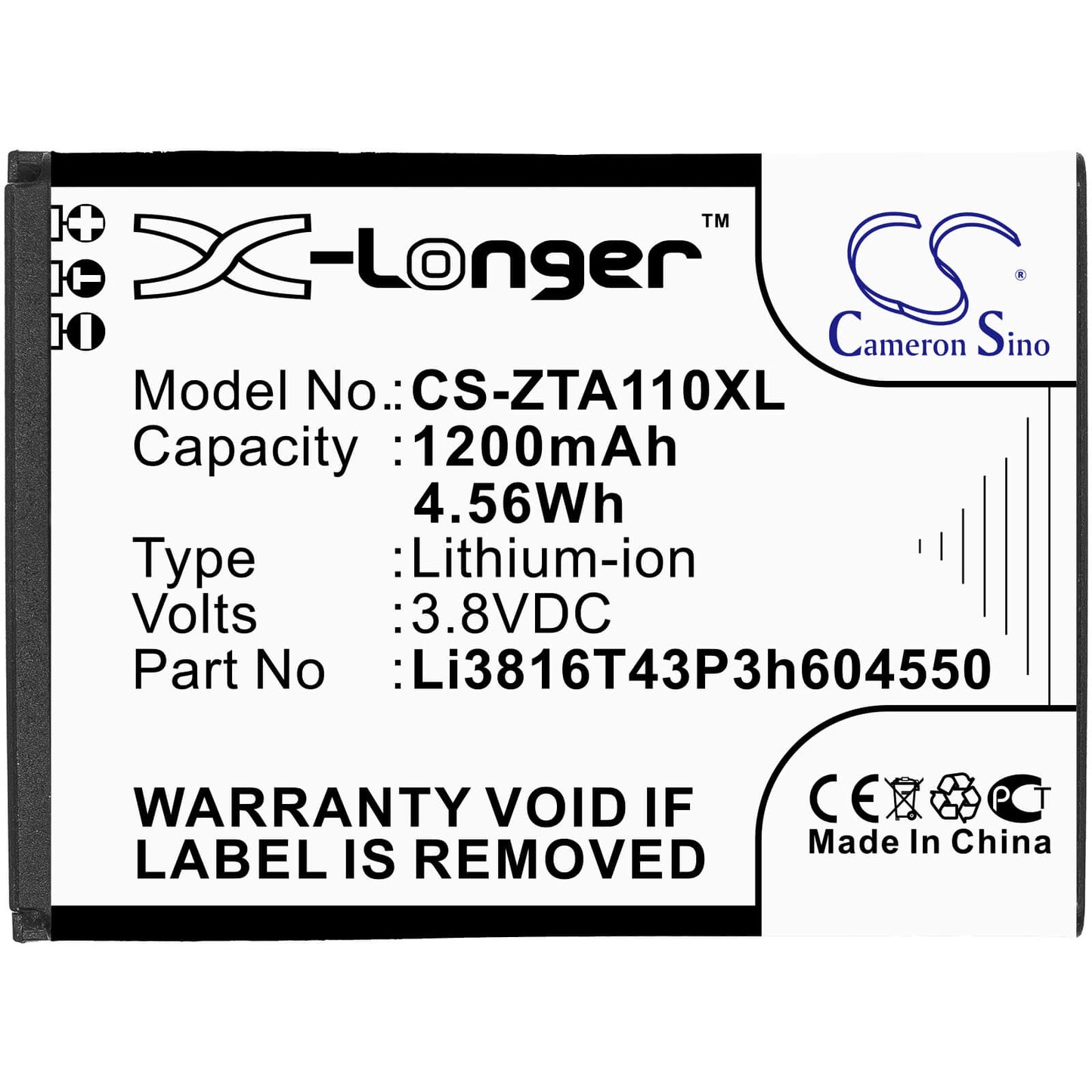 3.8V, 1200mAh, Li-ion Battery fits Zte, Blade A110, Blade A112, 4.56Wh