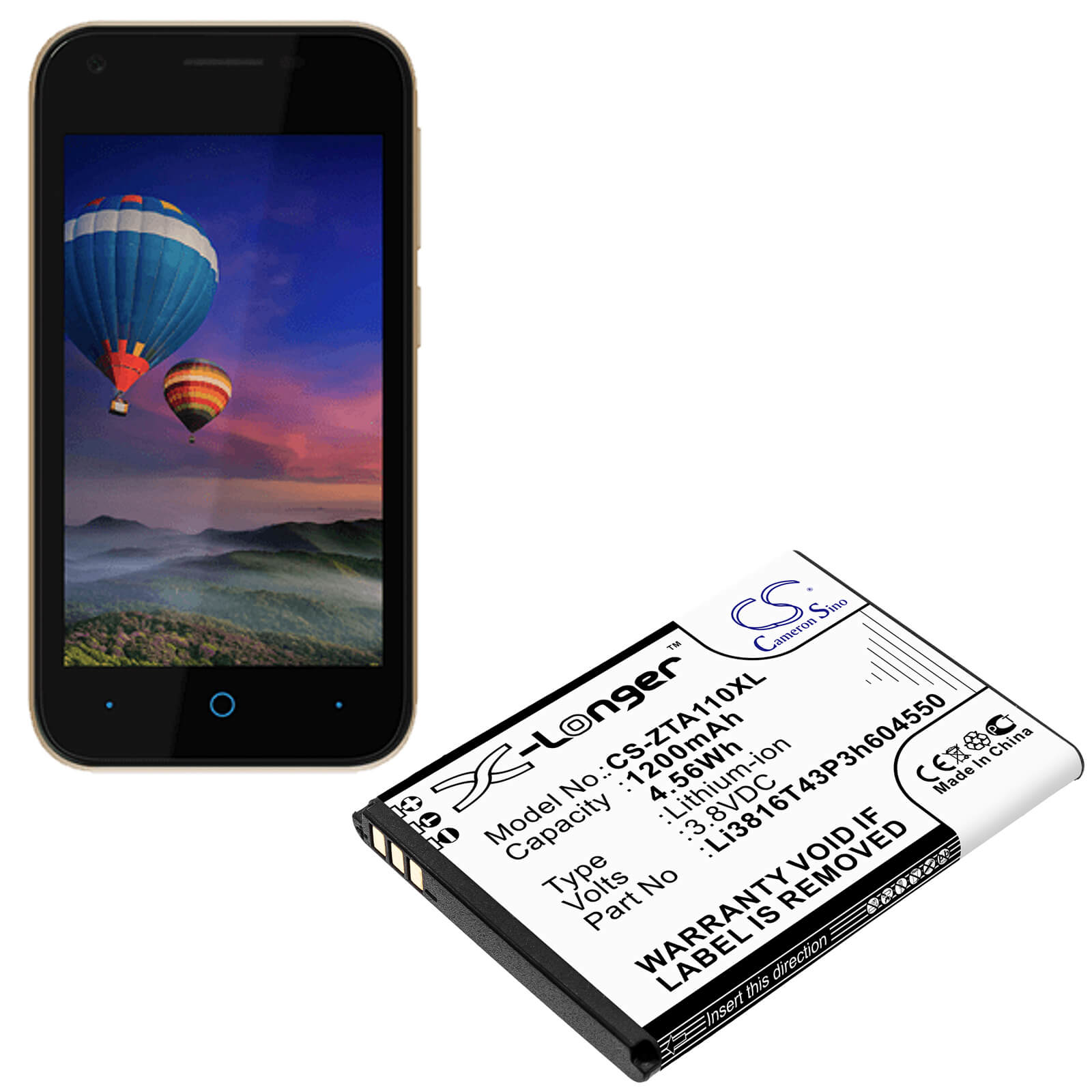 3.8V, 1200mAh, Li-ion Battery fits Zte, Blade A110, Blade A112, 4.56Wh
