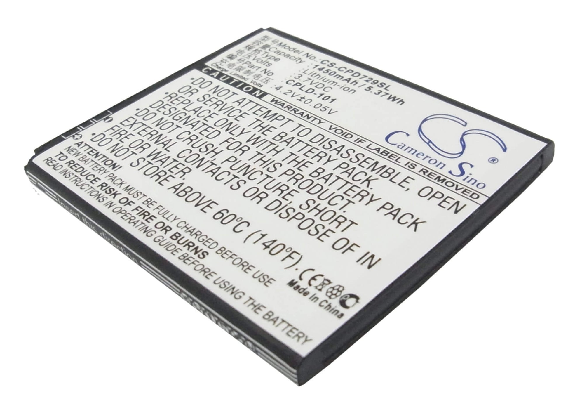 3.7V, 1450mAh, Li-ion Battery fits Coolpad, 7290, 5.365Wh