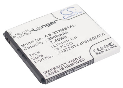 3.7V, 2000mAh, Li-ion Battery fits Zte, Blade G2, N881f, 7.4Wh