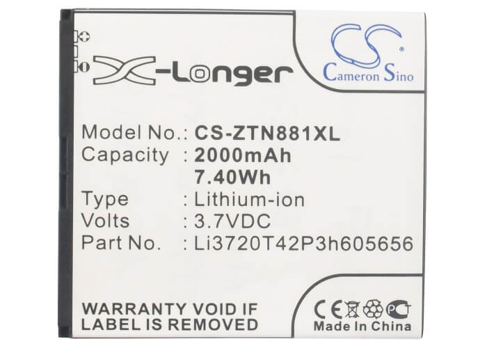3.7V, 2000mAh, Li-ion Battery fits Zte, Blade G2, N881f, 7.4Wh