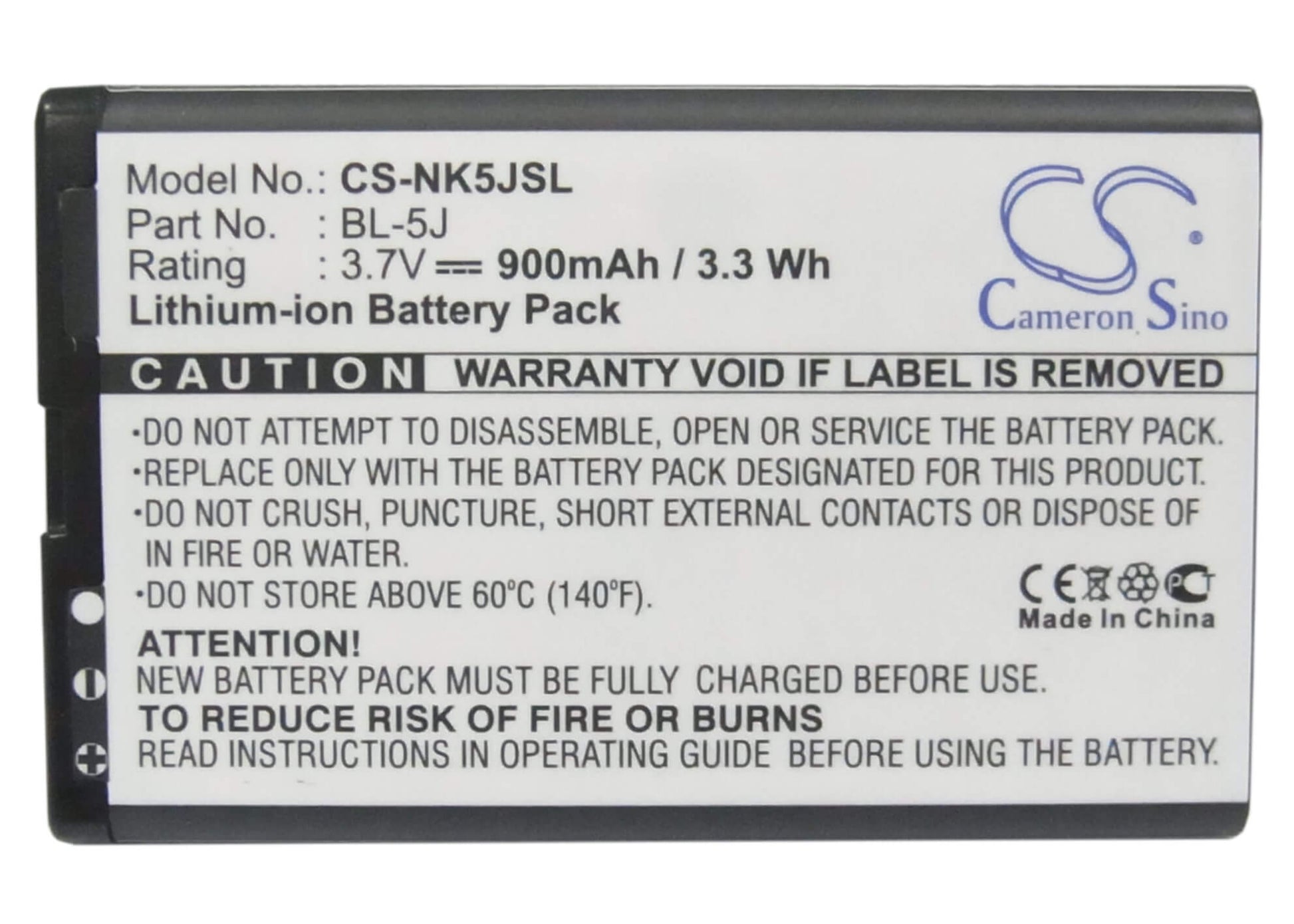 3.7V, 900mAh, Li-ion Battery fits Nokia, 5230, 5800, 3.33Wh