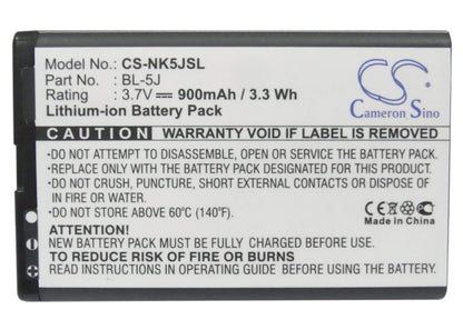 3.7V, 900mAh, Li-ion Battery fits Nokia, 5230, 5800, 3.33Wh
