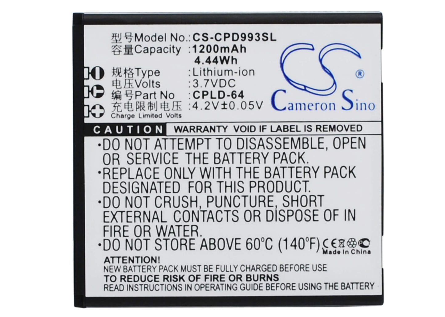 3.7V, 1200mAh, Li-ion Battery fits Coolpad, 9930, W702, 4.44Wh