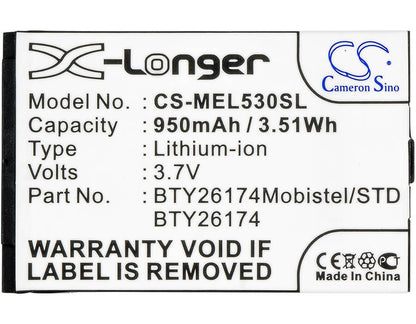 3.7V, 950mAh, Li-ion Battery fits Mobistel, El530, El530 Dual, 3.515Wh
