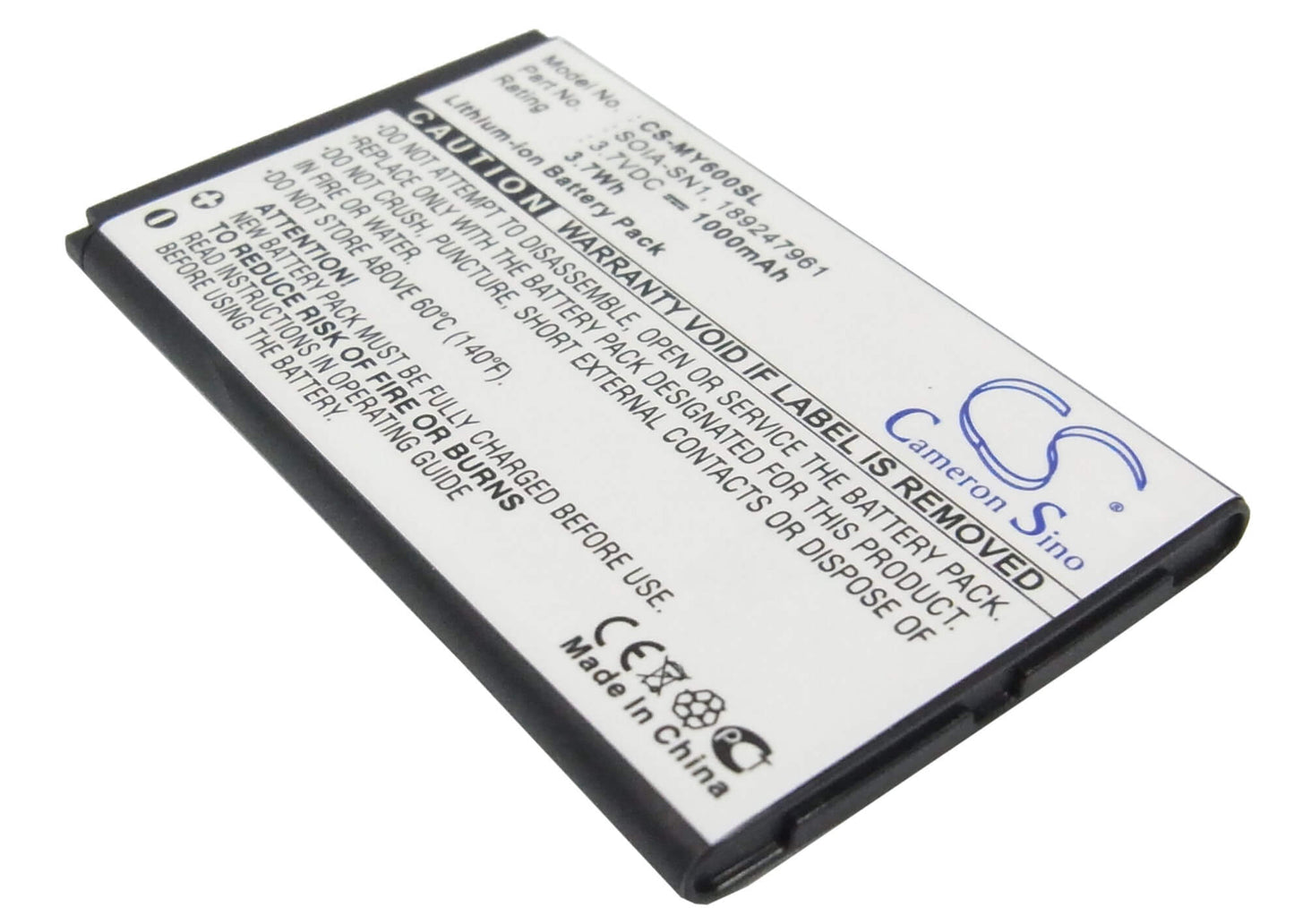 3.7V, 1000mAh, Li-ion Battery fits Sagem, My600v, My-600v, 3.7Wh
