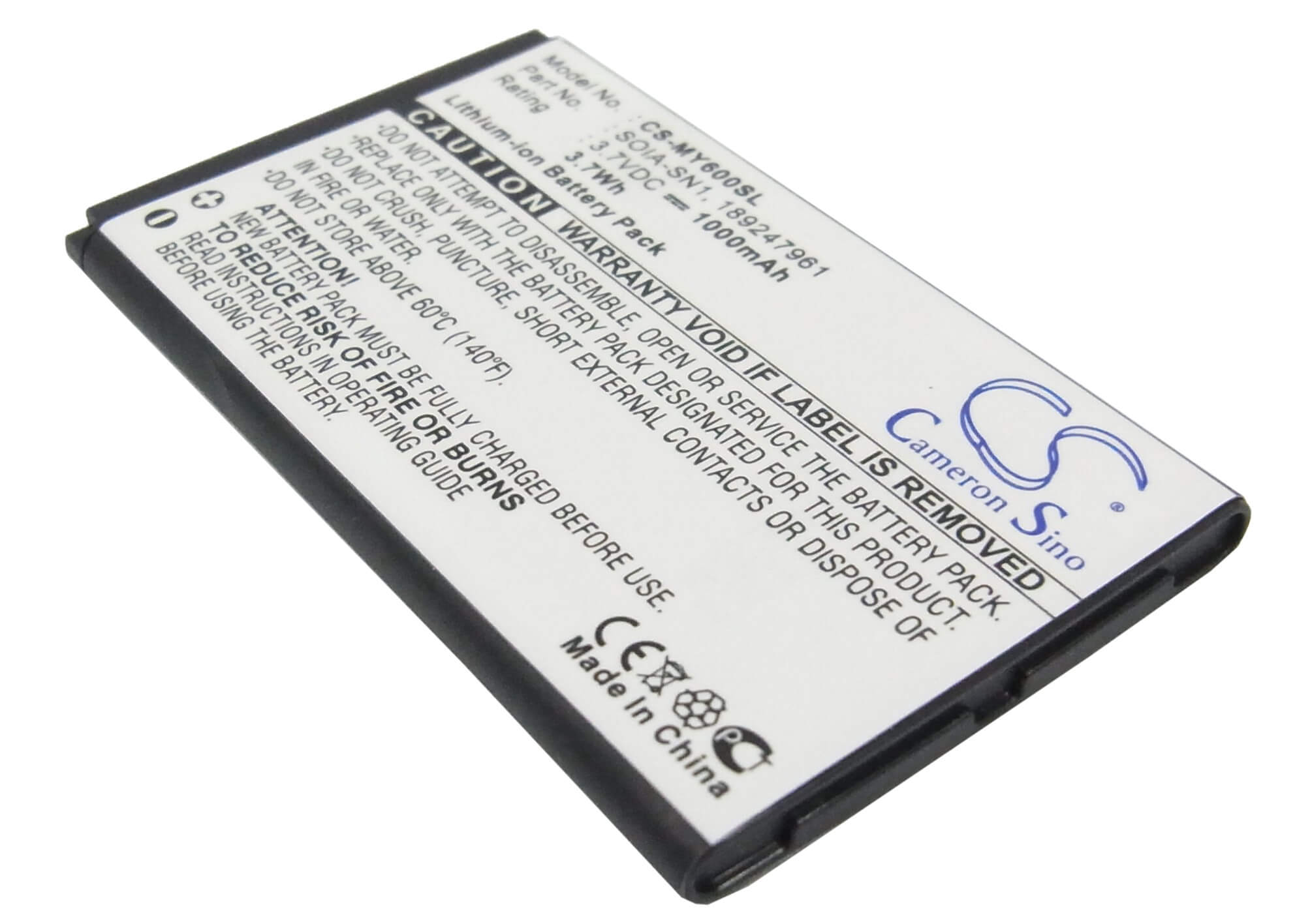 3.7V, 1000mAh, Li-ion Battery fits Sagem, My600v, My-600v, 3.7Wh