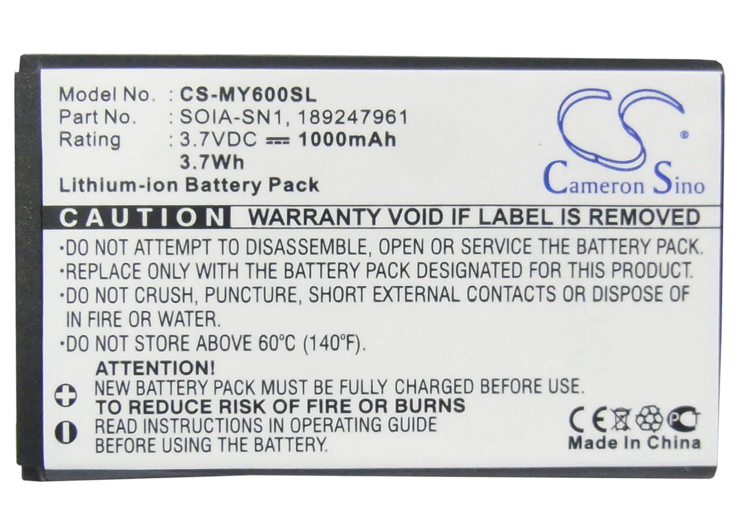 3.7V, 1000mAh, Li-ion Battery fits Sagem, My600v, My-600v, 3.7Wh