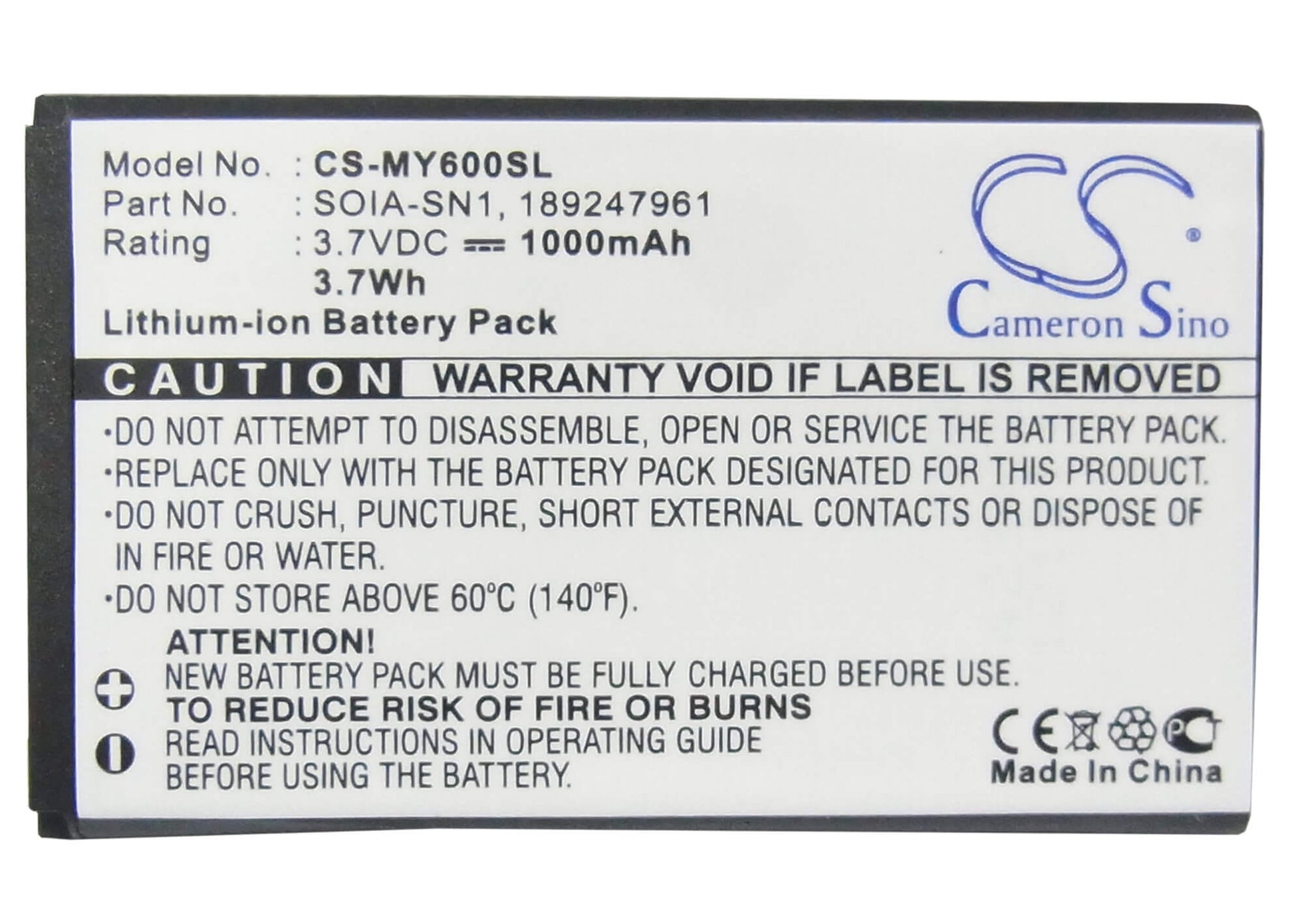 3.7V, 1000mAh, Li-ion Battery fits Sagem, My600v, My-600v, 3.7Wh