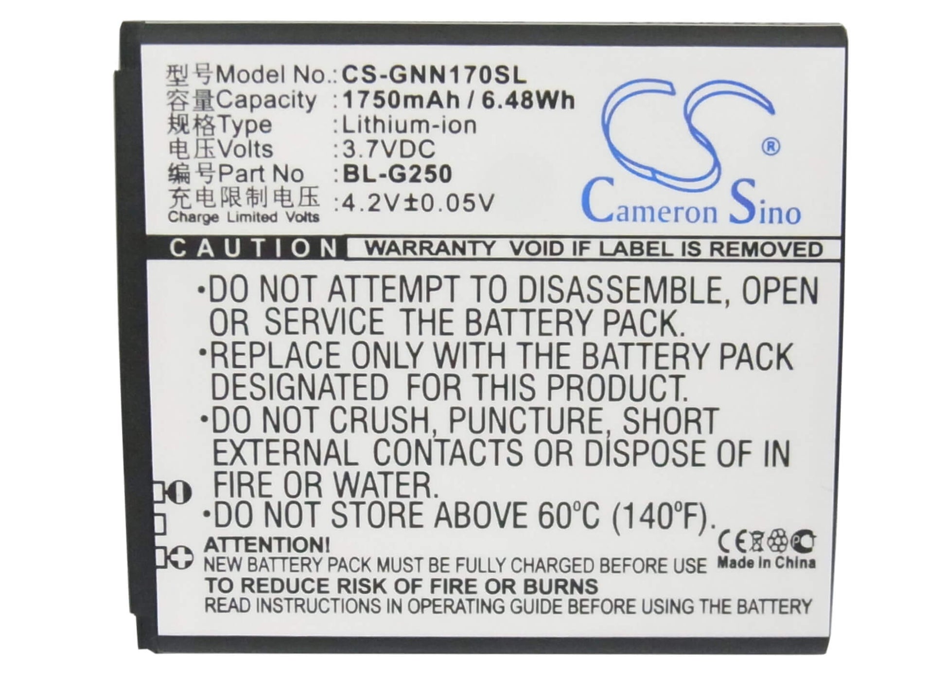 3.7V, 1750mAh, Li-ion Battery fits Gionee, Gn170, 6.475Wh
