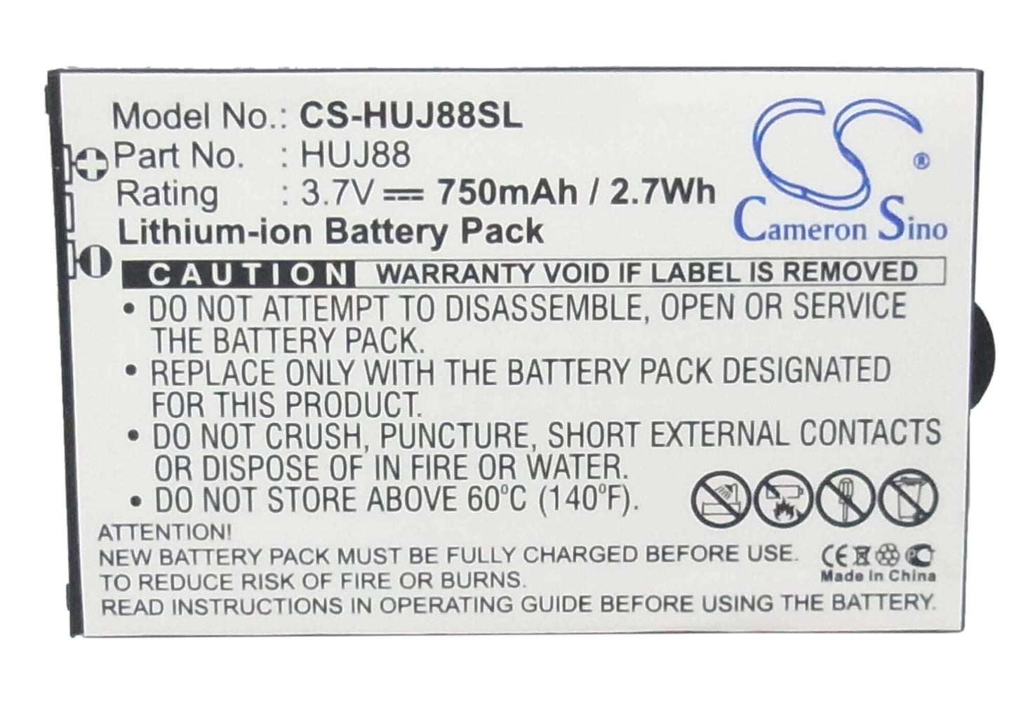 3.7V, 750mAh, Li-ion Battery fits Huawei, Cricket J88b, Ez Cricket J88, 2.775Wh