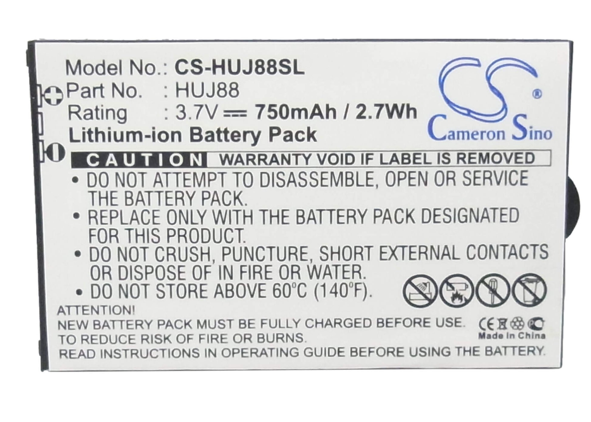 3.7V, 750mAh, Li-ion Battery fits Huawei, Cricket J88b, Ez Cricket J88, 2.775Wh